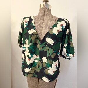 Emerson Fry Blouse SMALL V Neck Tie Top Floral Short Balloon Sleeve Shirt RARE